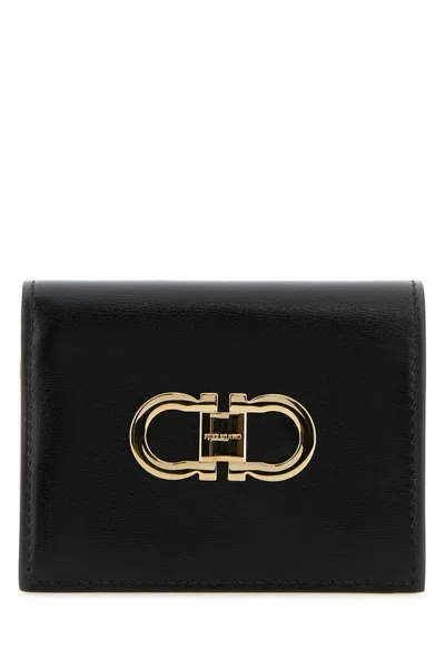 Ferragamo Leather Wallet Fold-over Design Gold-tone Hardware In Black
