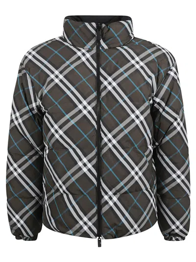 Burberry Khaki Check Reversible Down Jacket In Gray