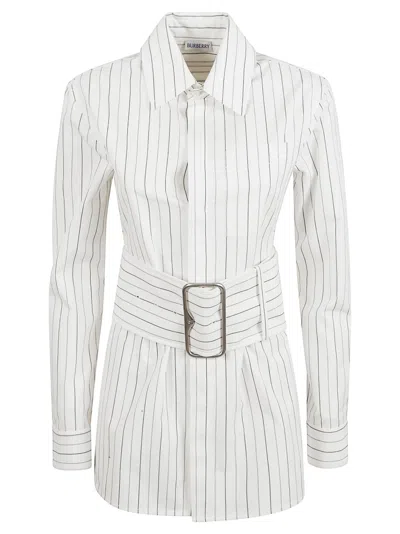 Burberry Vertical Striped Shirt With Belted Waist In White