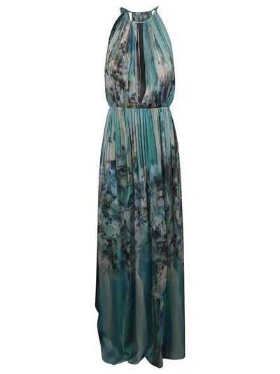 Alberta Ferretti Flower-print Pleated Chiffon Halter Gown In Blue