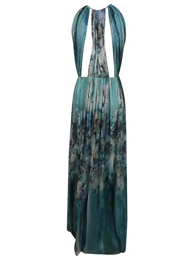 Alberta Ferretti Flower-print Pleated Chiffon Halter Gown In Blue