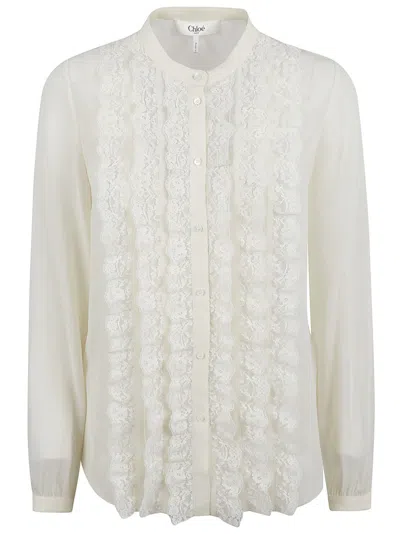 Chloé Silk Shirt With Delicate Lace Panel In Neutral