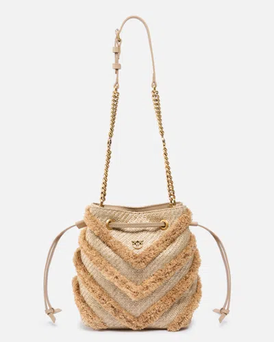 Pinko Small Crossbody Bucket Bag In Raffia With Fringe