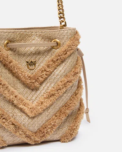 Pinko Small Crossbody Bucket Bag In Raffia With Fringe