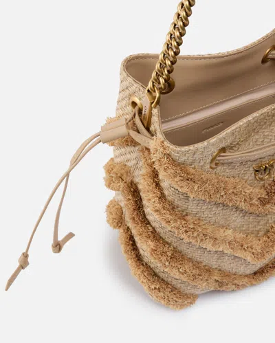 Pinko Small Crossbody Bucket Bag In Raffia With Fringe