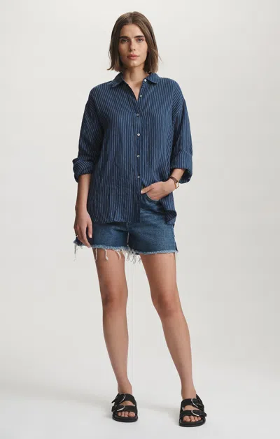 Mavi Linen Long Sleeve Button-up Shirt In Navy Stripe