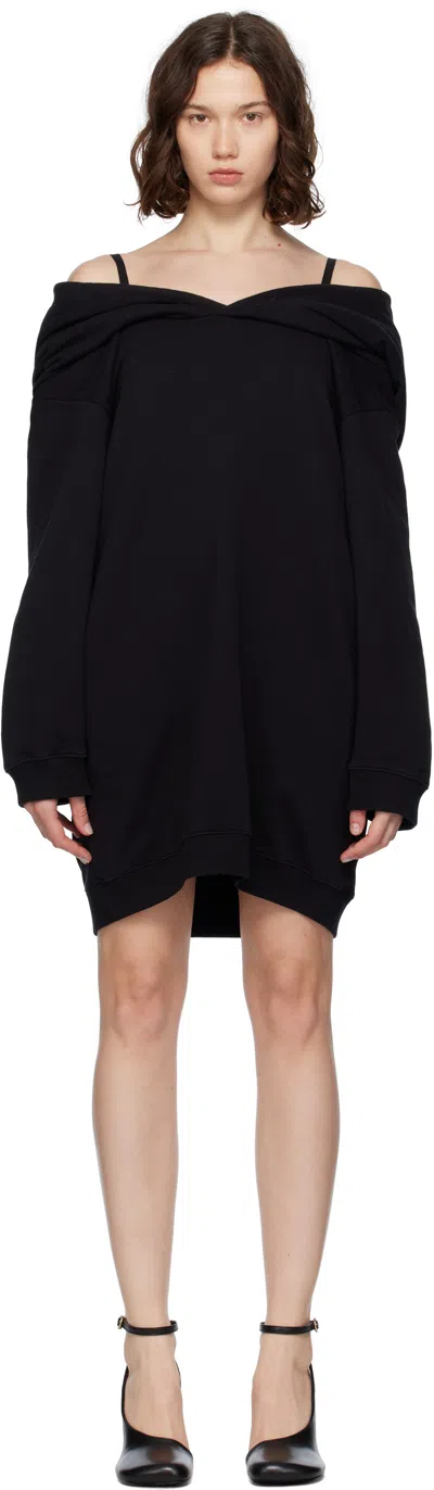 Mm6 Maison Margiela Mm6 By Maison Margiela Off-shoulder Black Sweatshirt Dress With Cozy Hood