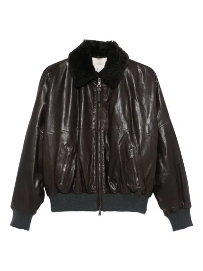 Brunello Cucinelli Shearling Collar Leather Jacket Women