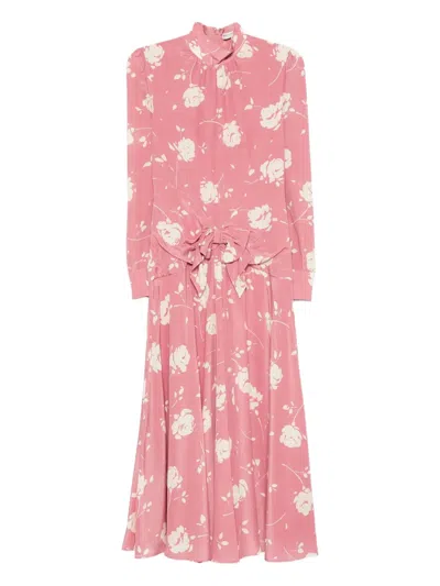 Alessandra Rich Bow-embellished Gathered Floral-print Silk-georgette Midi Dress In Pink