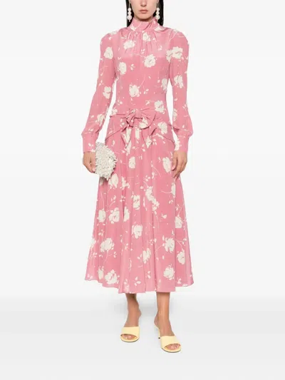 Alessandra Rich Bow-embellished Gathered Floral-print Silk-georgette Midi Dress In Pink
