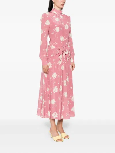 Alessandra Rich Bow-embellished Gathered Floral-print Silk-georgette Midi Dress In Pink