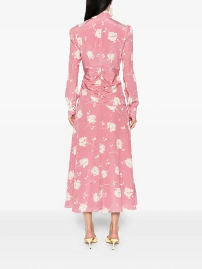 Alessandra Rich Bow-embellished Gathered Floral-print Silk-georgette Midi Dress In Pink