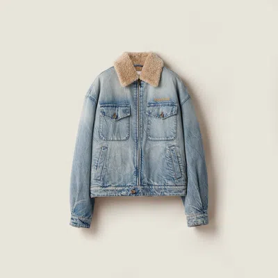 Miu Miu Denim And Shearling Trucker Jacket In Blue