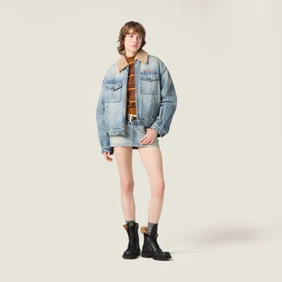 Miu Miu Denim And Shearling Trucker Jacket In Blue