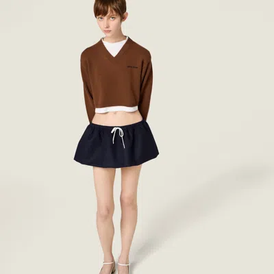 Miu Miu V-neck Layered Cashmere Knit Crop Sweater In Brown
