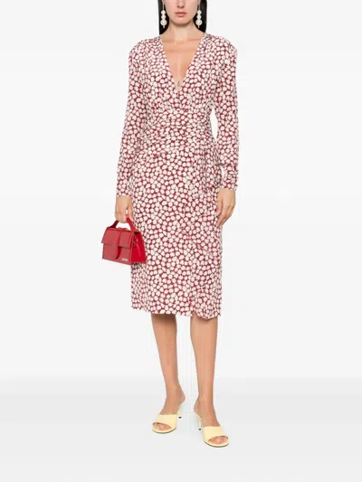 Alessandra Rich Floral-print Draped Midi Dress In Red