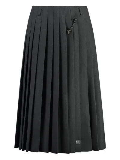 Prada Pleated Brooch Midi Skirt In Gray