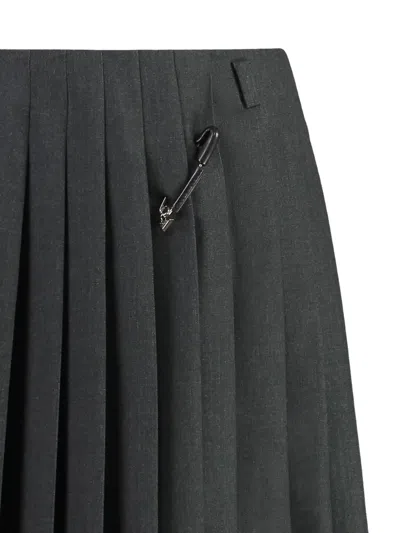 Prada Pleated Brooch Midi Skirt In Gray