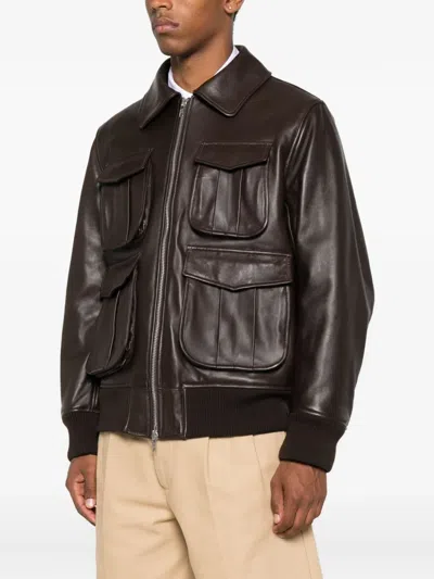 Simone Rocha Brown Oversized Multi Pocket Aviator Leather Jacket In Brown
