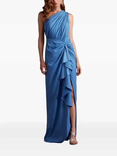 Tadashi Shoji Lena Draped One-shoulder Ruffle Evening Dress In Blue