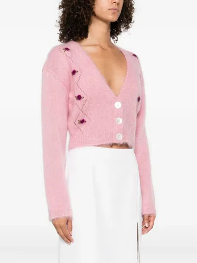 Alessandra Rich Mohair Embroidered Cropped Cardigan In Pink
