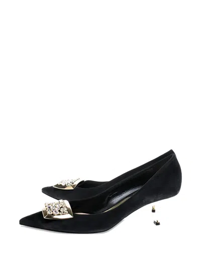 Pre-owned Sarah & Sebastian 50mm Crystal-buckle Suede Pumps In Black