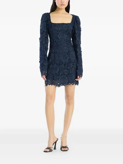 Rotate Birger Christensen Rotate Intricate Lace Dress With Wide Neckline In Blue