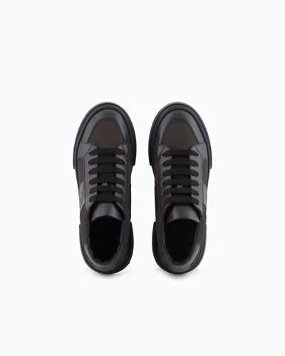 Giorgio Armani Leather And Fabric Sneakers In Brown