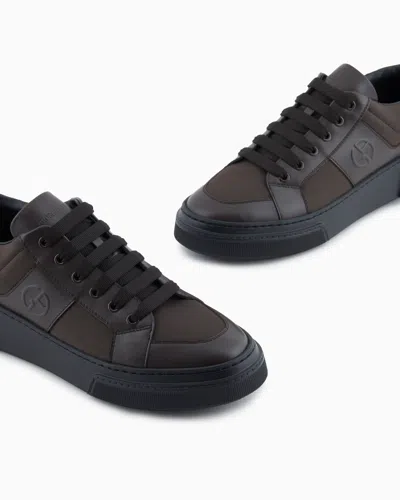 Giorgio Armani Leather And Fabric Sneakers In Brown