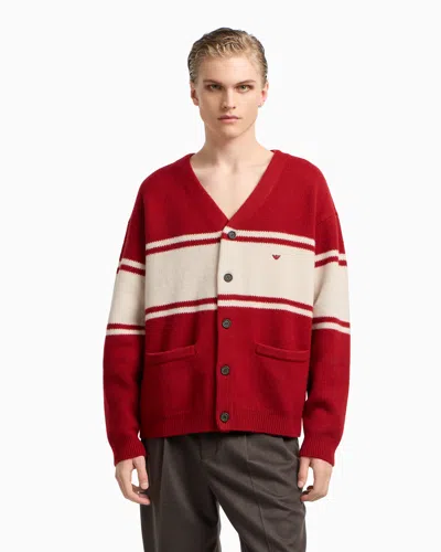 Emporio Armani V-neck Cardigan Made Of Plush-knit Virgin Wool In Red