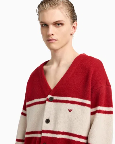 Emporio Armani V-neck Cardigan Made Of Plush-knit Virgin Wool In Red