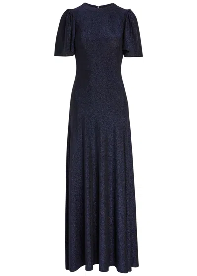Luxe De Valentina Fluted Como Metallic Jersey Gown In Blue
