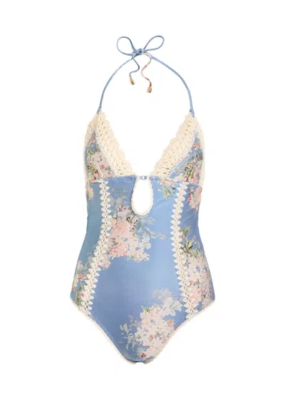 Zimmermann Cascadian Keyhole Crochet One Piece Tea Blue Botanical Floral
