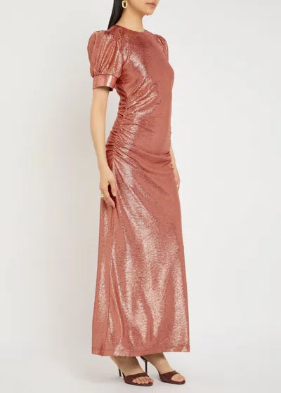 Luxe De Valentina Como Ruched Metallic Jersey Gown In Pink