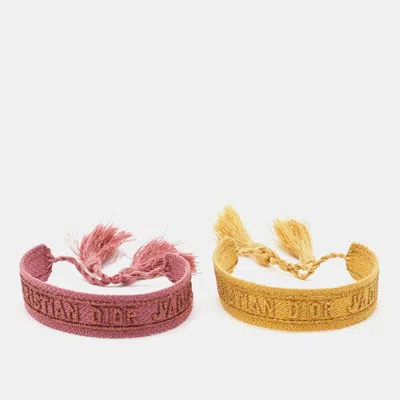 Pre-owned Dior Pink/yellow J'a Cotton Embroidered Bracelet Set Of 2