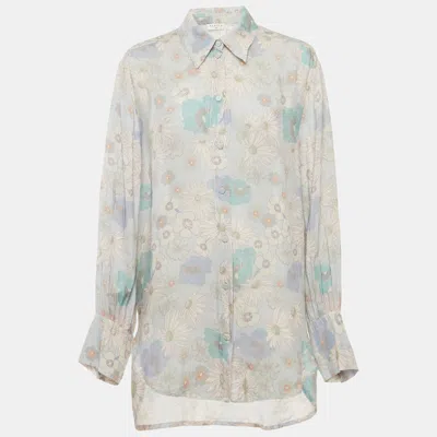 Pre-owned Sandro Blue Floral Print Crepe Long Sleeve Shirt M