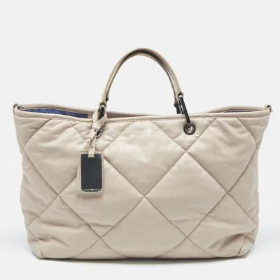 Pre-owned Emporio Armani Beige Quilted Faux Leather Medium Myea Tote