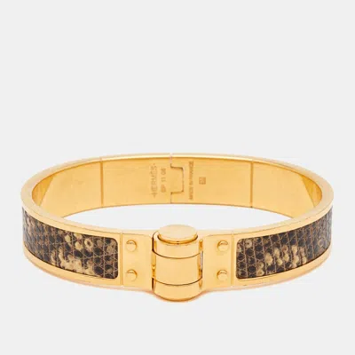 Pre-owned Hermes Lizard Skin Gold Plated Narrow Hinged Bangle Bracelet