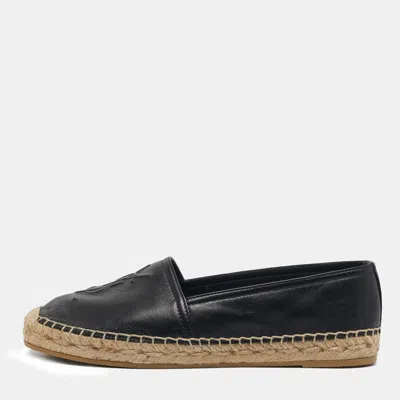 Pre-owned Saint Laurent Black Leather Logo Espadrille Flats Size 37