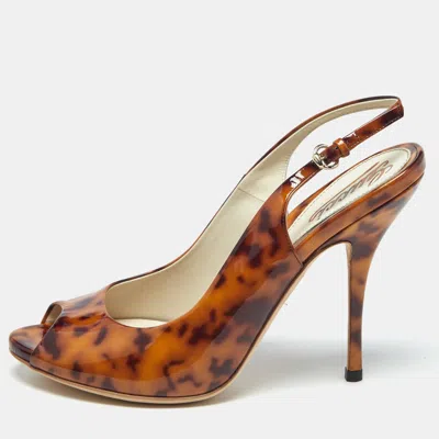 Pre-owned Gucci Brown Tortoise Shell Patent Leather Slingback Pumps Size 38