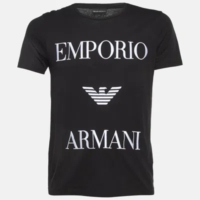 Pre-owned Emporio Armani Black Logo Embroidered Cotton Crew Neck T-shirt M