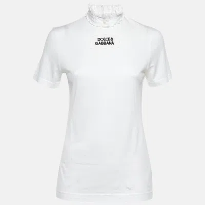Pre-owned Dolce & Gabbana White Logo Cotton Ruffled Collar T-shirt S