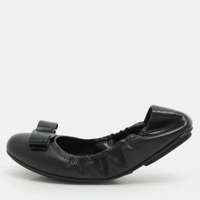 Pre-owned Ferragamo Black Leather Vara Bow Ballet Flats Size 37