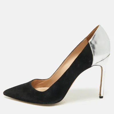 Pre-owned Manolo Blahnik Silver/black Leather And Suede Osmana Pointed Toe Pumps Size 39.5 In Multi