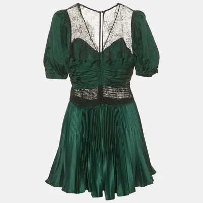 Pre-owned Self-portrait Green Sateen Plisse Lace Detail Mini Dress M