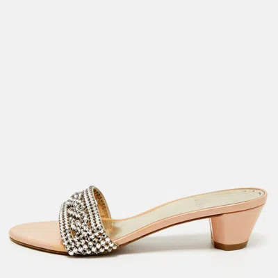 Pre-owned Gina Silver Patent Leather Crystal Embellished Slide Sandals Size 38.5