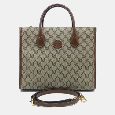 Pre-owned Gucci Beige Brown Leather And Pvc Gg Small Tote Bag In Sand