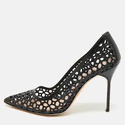Pre-owned Manolo Blahnik Black Laser Cut Leather Pointed Toe Pumps Size 40