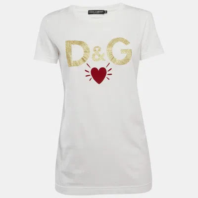 Pre-owned Dolce & Gabbana White Logo Printed Cotton Knit T-shirt S