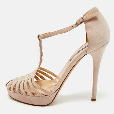 Pre-owned Ralph Lauren Light Purple Suede T Strap Platform Sandals Size 40